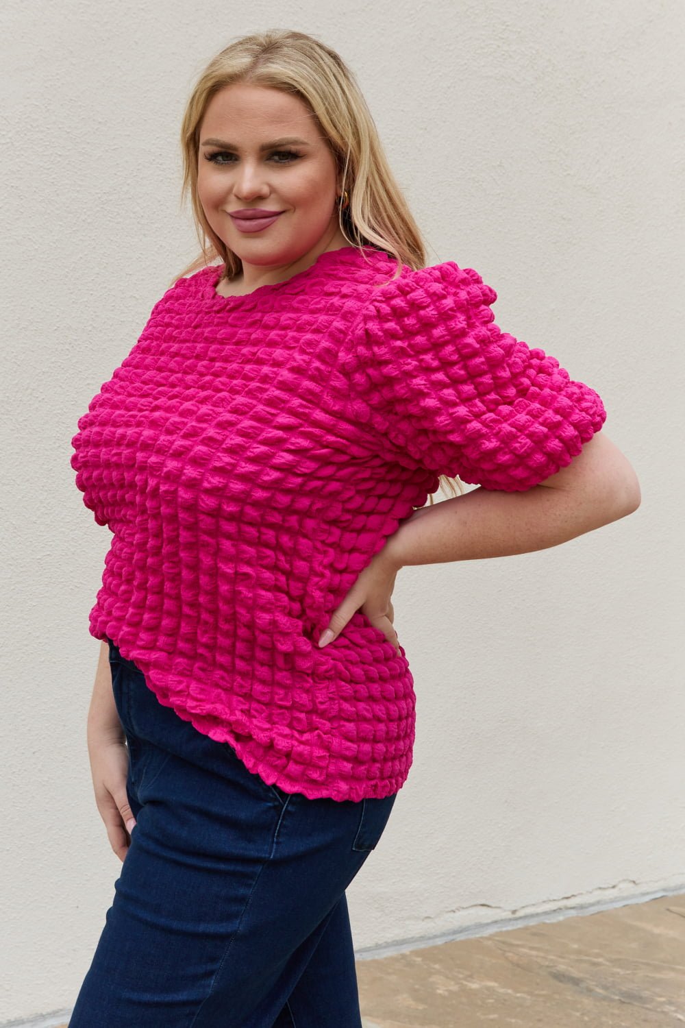 And The Why Full Size Bubble textured Puff Sleeve Top - seldenkingsley