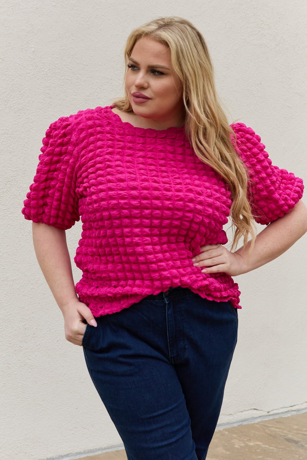 And The Why Full Size Bubble textured Puff Sleeve Top - seldenkingsley