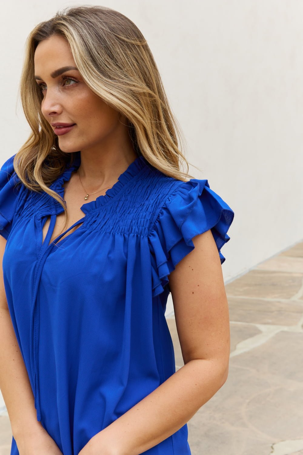 And The Why Ruffle Sleeve Smocked Detail Mini Dress - Selden & Kingsley