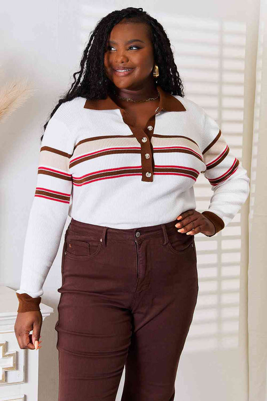 Basic Bae Striped Collared Neck Rib-Knit Top - Selden & Kingsley