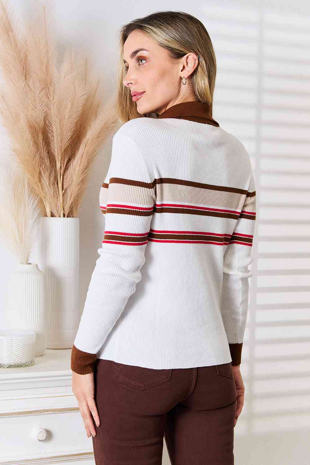 Basic Bae Striped Collared Neck Rib-Knit Top - Selden & Kingsley