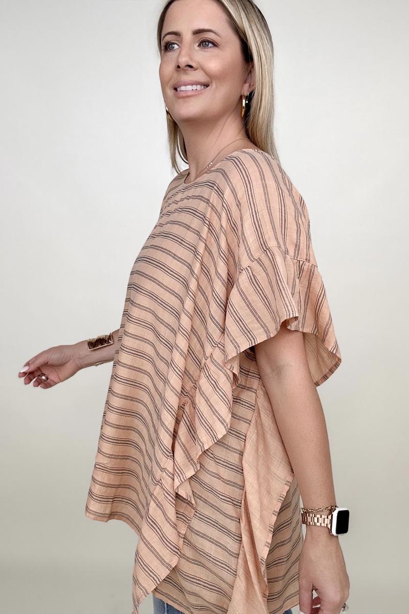 Cotton Bleu | Stripped Ruffle Sleeve Kimono Top - Selden & Kingsley