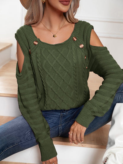 Decorative Button Cold-Shoulder Sweater - Selden & Kingsley