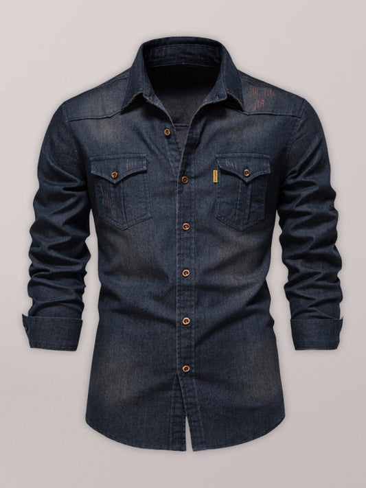 Denim non-iron shirt men's casual solid color non-iron men's long-sleeved shirt - seldenkingsley