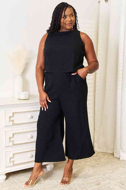 Double Take Buttoned Round Neck Tank and Wide Leg Pants Set - Selden & Kingsley