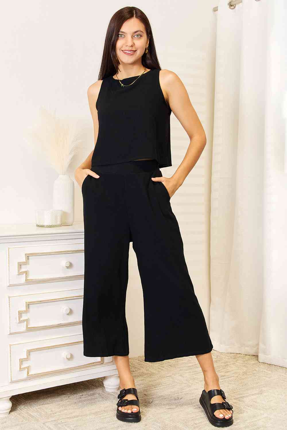 Double Take Buttoned Round Neck Tank and Wide Leg Pants Set - Selden & Kingsley