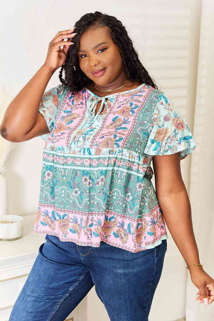 Double Take Floral Tie Neck Short Sleeve Blouse - Selden & Kingsley