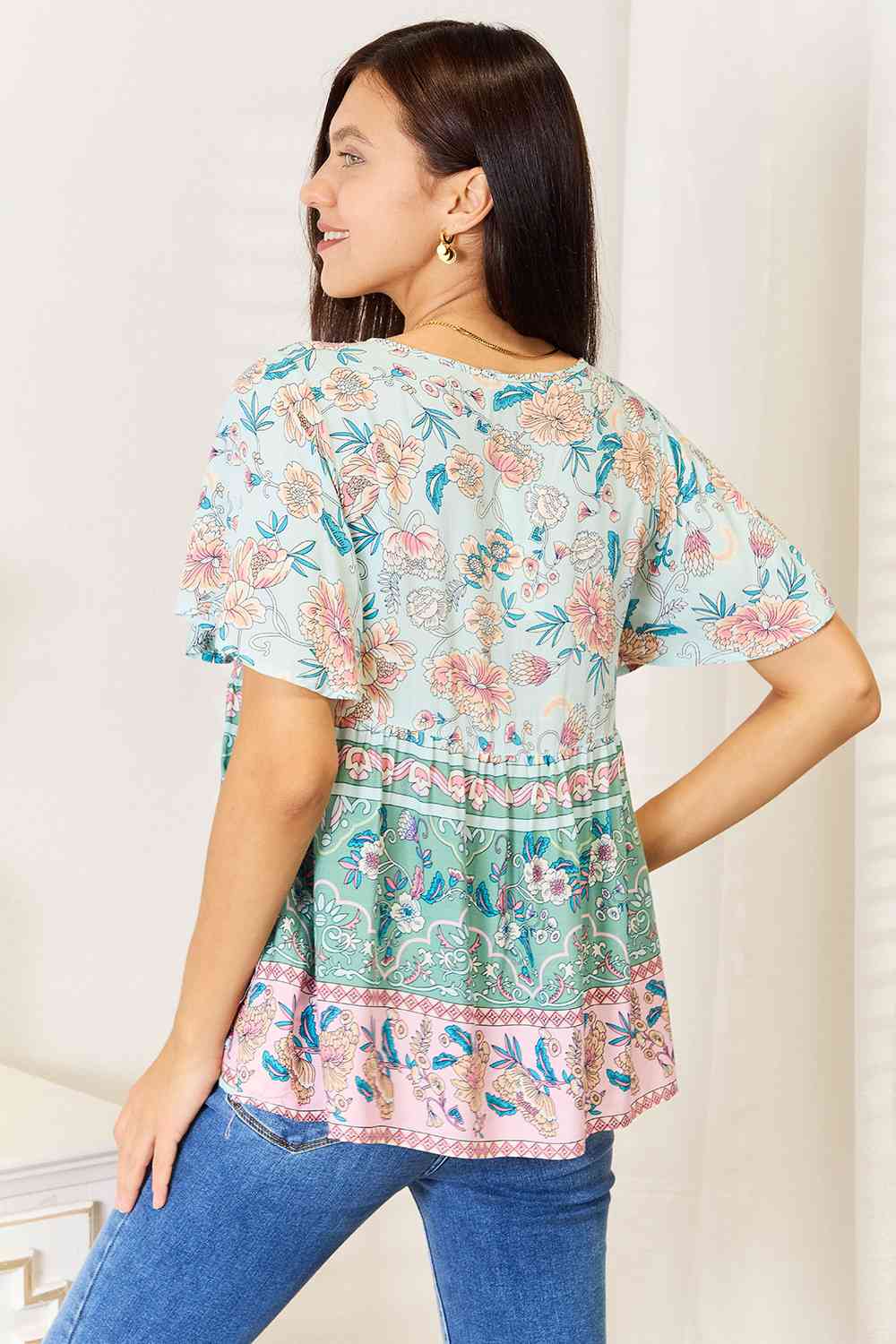 Double Take Floral Tie Neck Short Sleeve Blouse - Selden & Kingsley