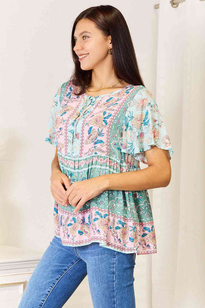 Double Take Floral Tie Neck Short Sleeve Blouse - Selden & Kingsley