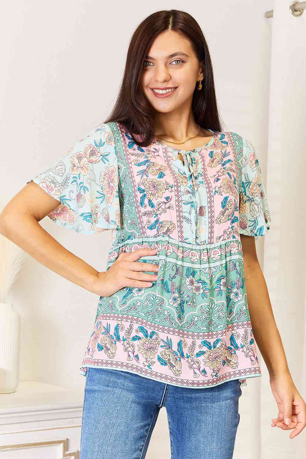 Double Take Floral Tie Neck Short Sleeve Blouse - Selden & Kingsley