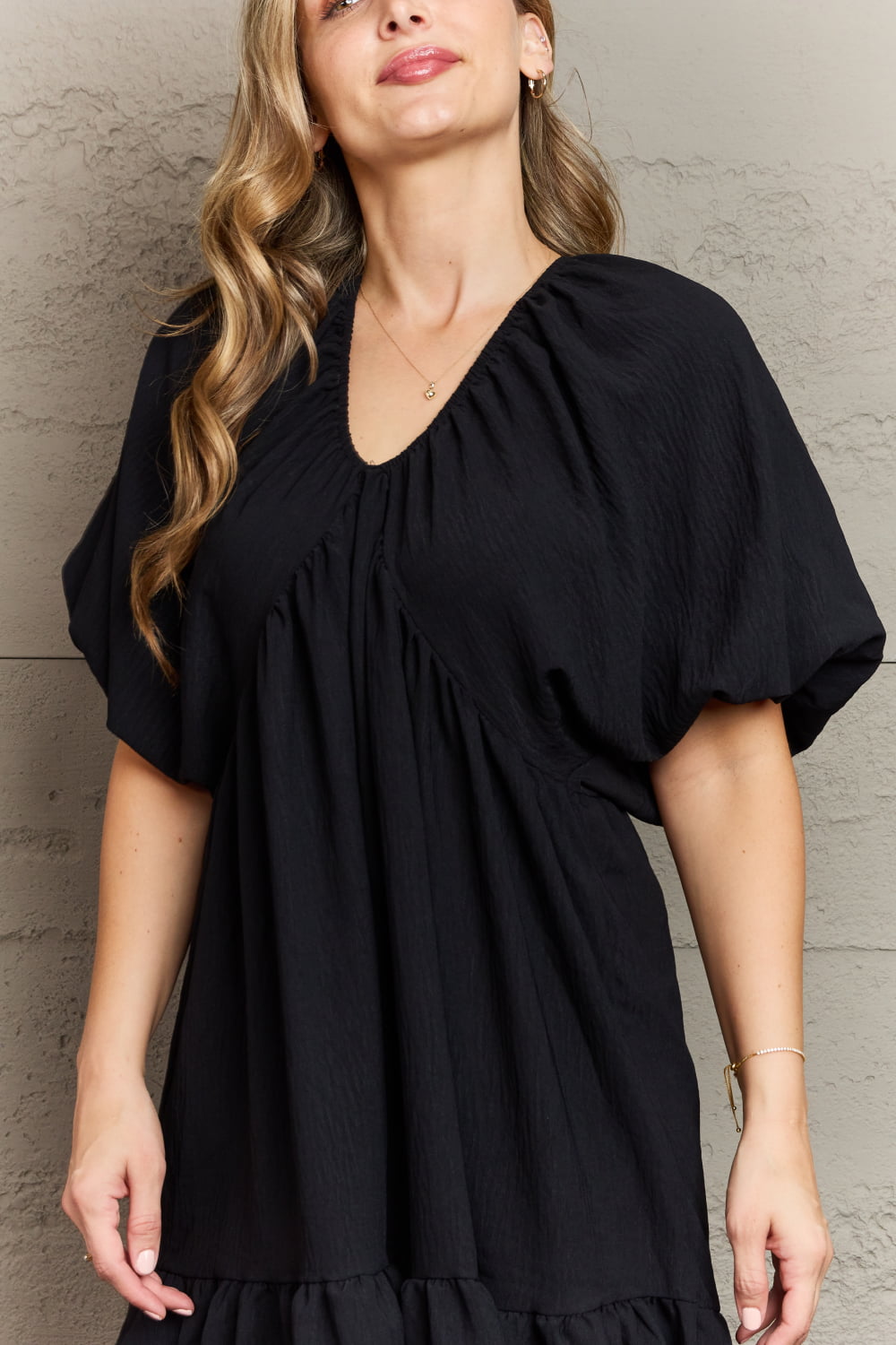 Hailey & Co | Comfort Cutie Double V-Neck Puff Sleeve Mini Dress - Selden & Kingsley