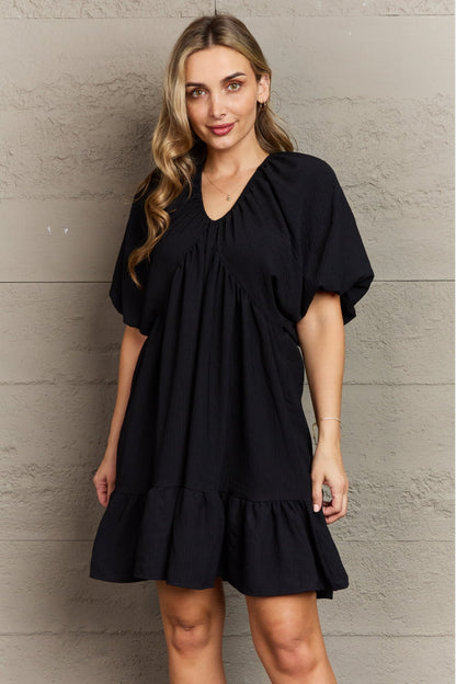 Hailey & Co | Comfort Cutie Double V-Neck Puff Sleeve Mini Dress - Selden & Kingsley