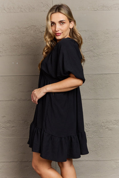 Hailey & Co | Comfort Cutie Double V-Neck Puff Sleeve Mini Dress - Selden & Kingsley