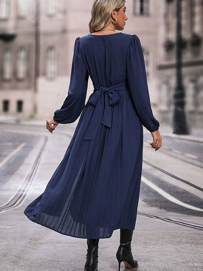 Hundredth | V-Neck Long Sleeve Pleated Slit Dress - Selden & Kingsley