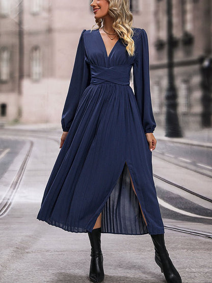 Hundredth | V-Neck Long Sleeve Pleated Slit Dress - Selden & Kingsley