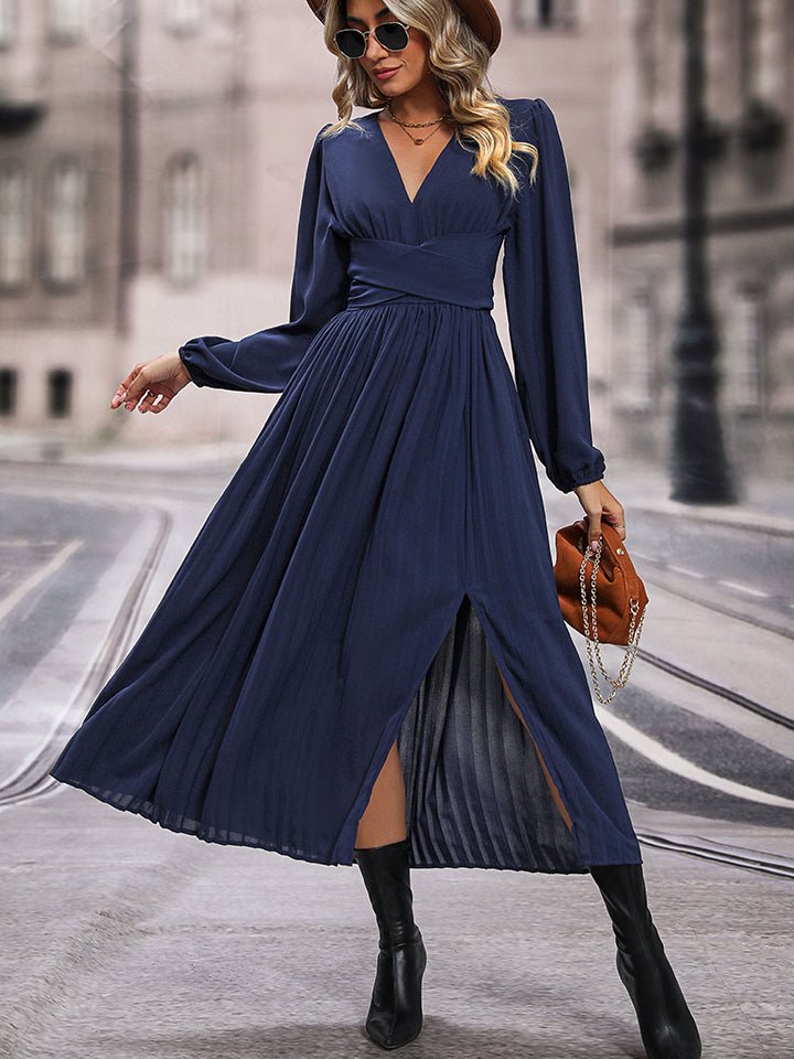 Hundredth | V-Neck Long Sleeve Pleated Slit Dress - Selden & Kingsley