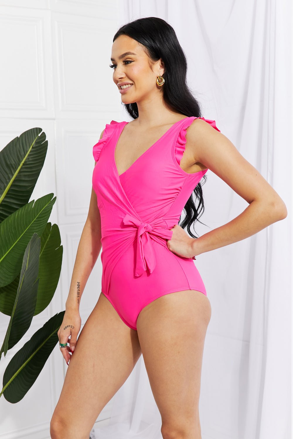 Marina West Swim Full Size Float On Ruffle Faux Wrap One-Piece in Pink - seldenkingsley