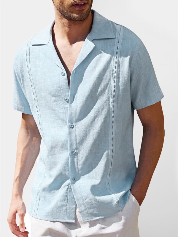 Men's Loose Casual Linen Shirt Cuban Guayabera Short Sleeve Beach Shirt - seldenkingsley