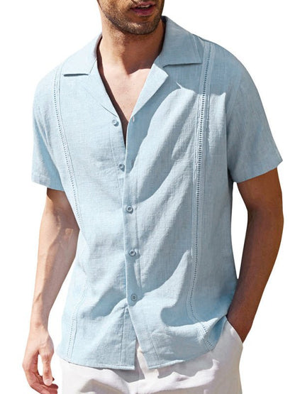 Men's Loose Casual Linen Shirt Cuban Guayabera Short Sleeve Beach Shirt - seldenkingsley