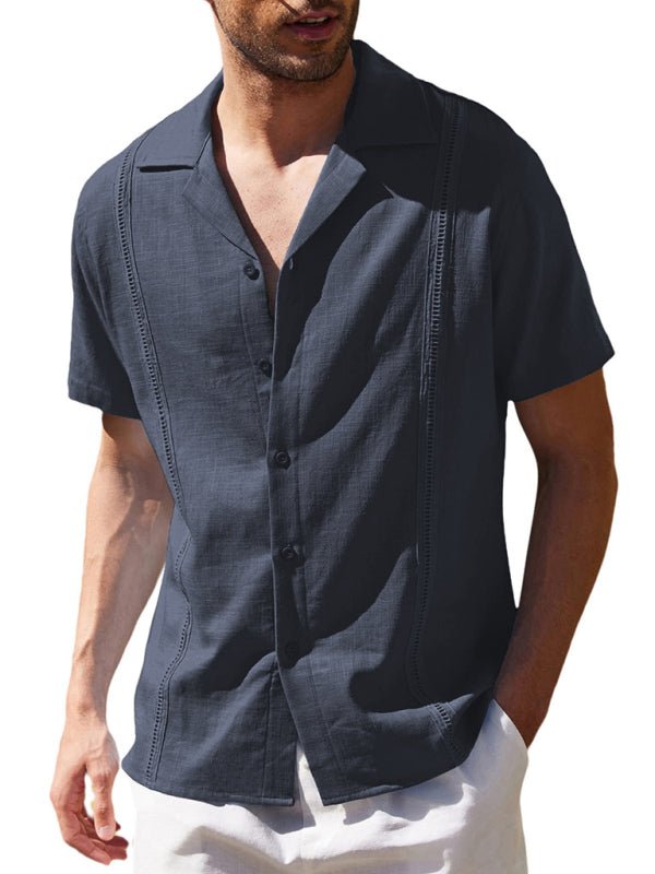Men's Loose Casual Linen Shirt Cuban Guayabera Short Sleeve Beach Shirt - seldenkingsley