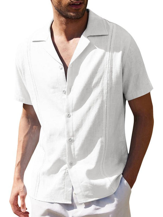 Men's Loose Casual Linen Shirt Cuban Guayabera Short Sleeve Beach Shirt - seldenkingsley