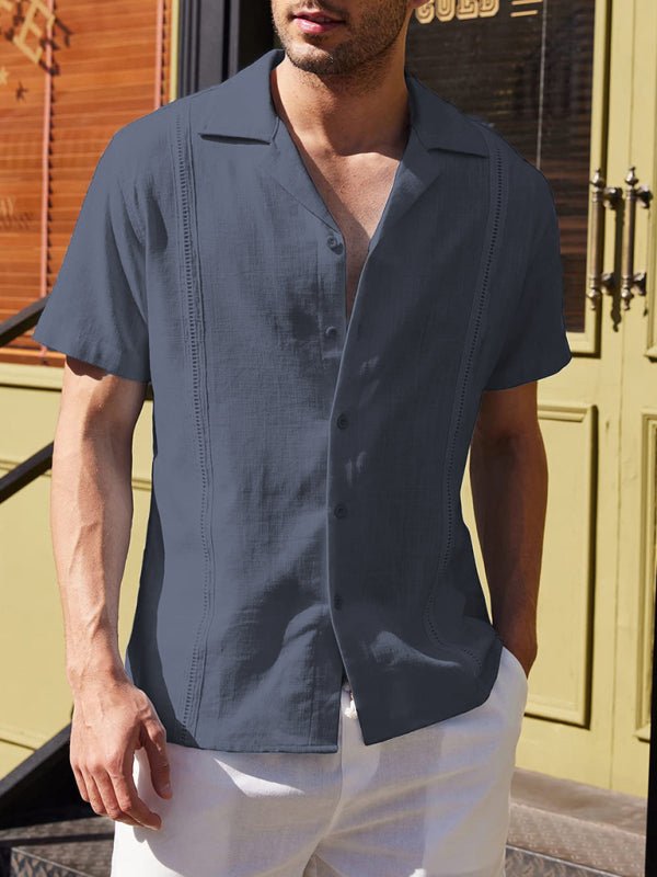 Men's Loose Casual Linen Shirt Cuban Guayabera Short Sleeve Beach Shirt - seldenkingsley