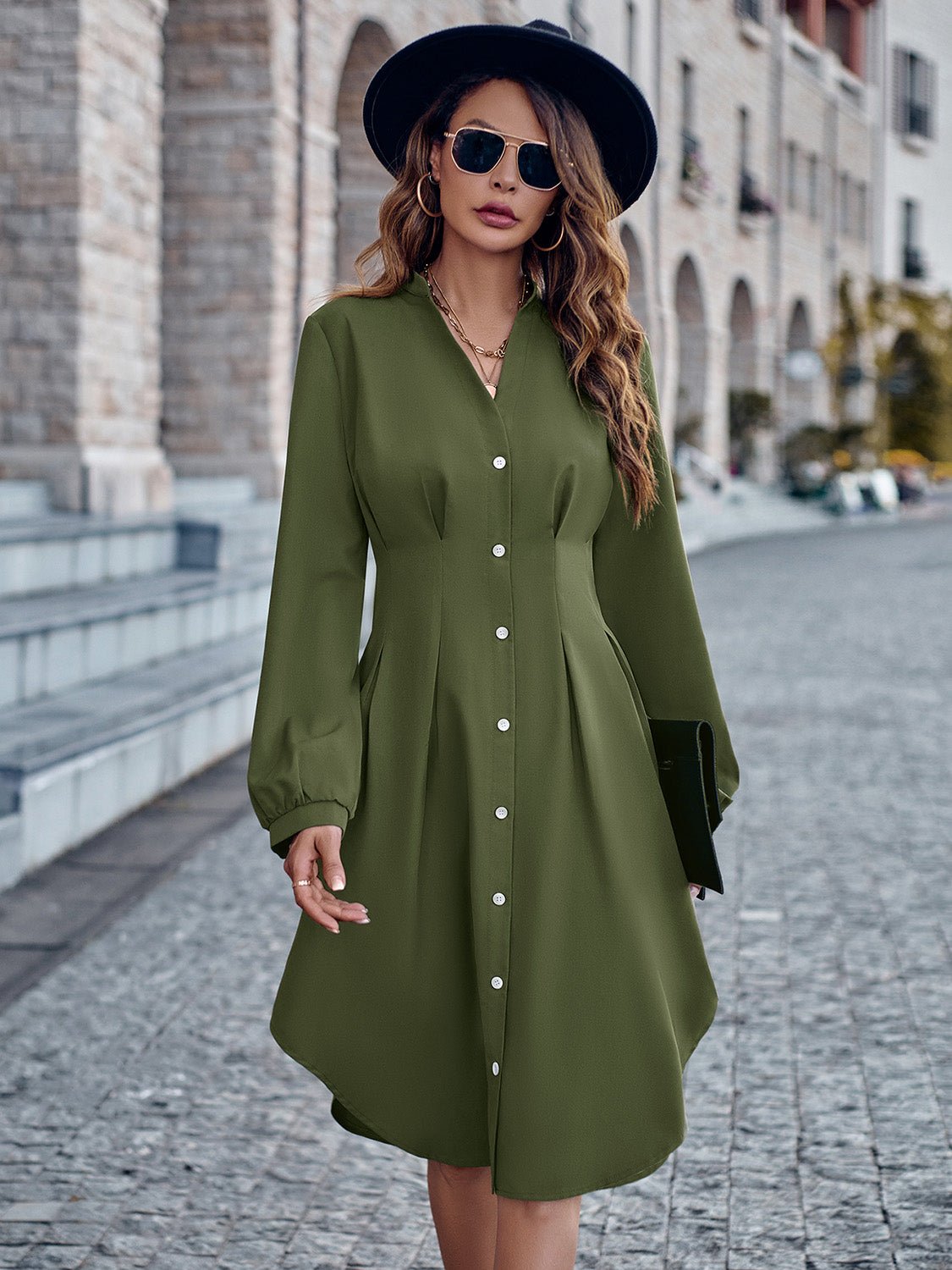 Notched Neck Long Sleeve Dress - Selden & Kingsley