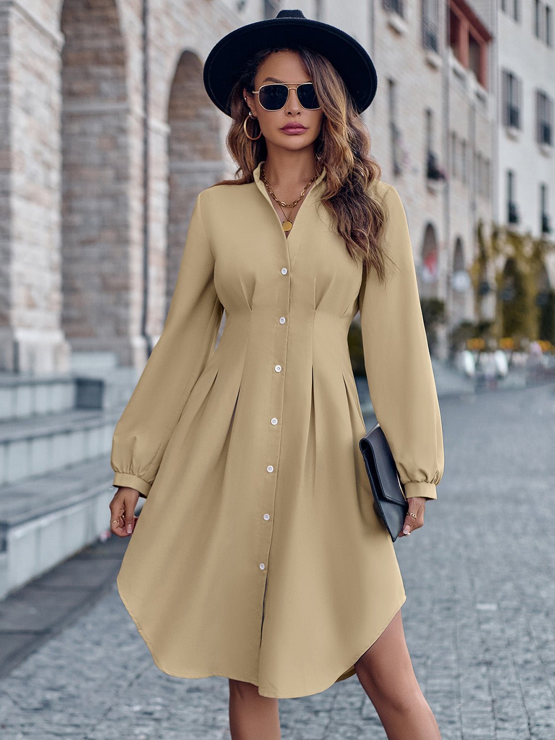 Notched Neck Long Sleeve Dress - Selden & Kingsley