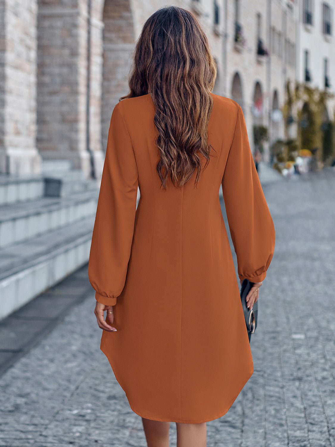 Notched Neck Long Sleeve Dress - Selden & Kingsley