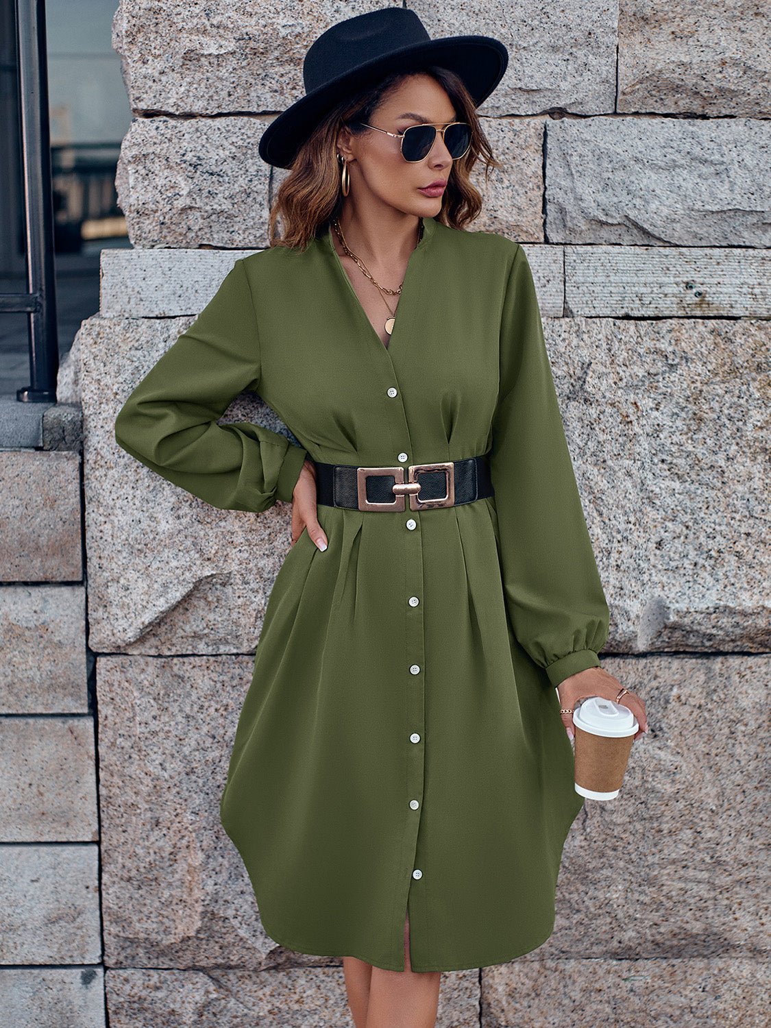 Notched Neck Long Sleeve Dress - Selden & Kingsley