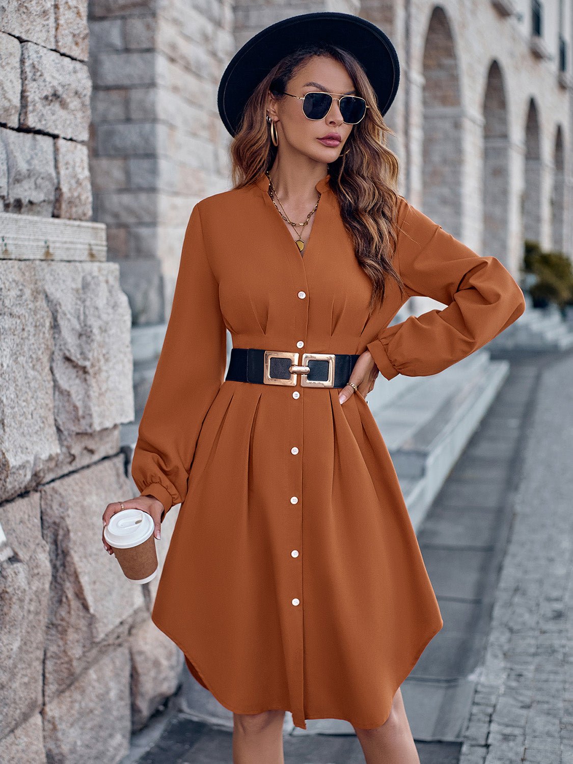 Notched Neck Long Sleeve Dress - Selden & Kingsley