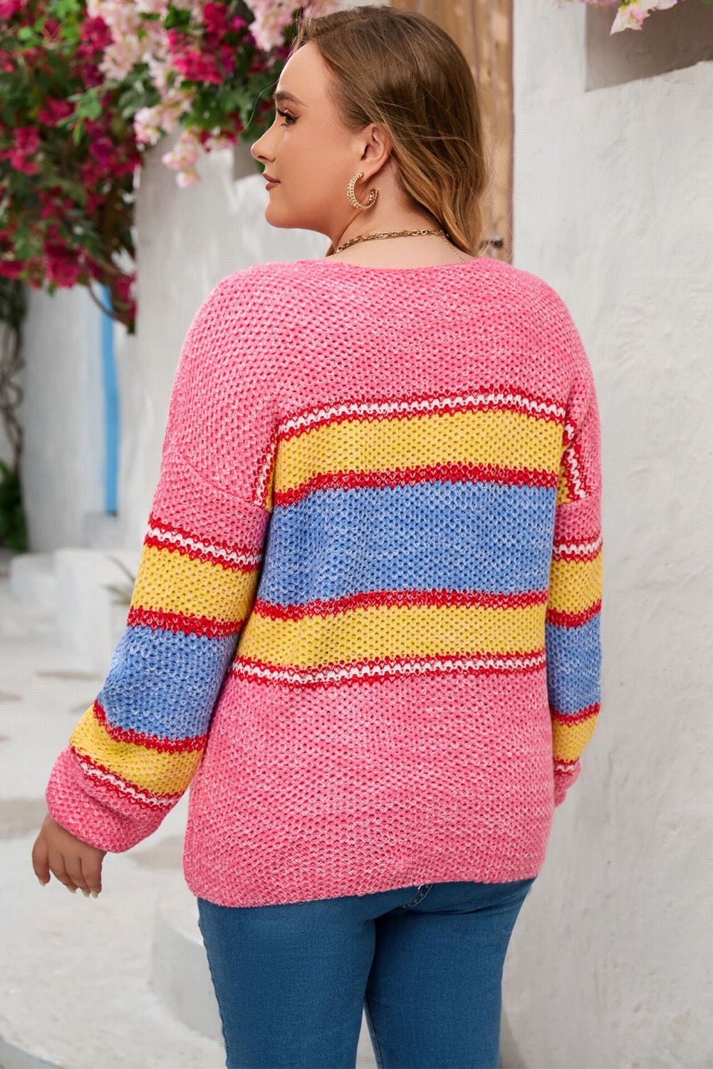 Plus Size Color Block Round Neck Long Sleeve Sweater - Selden & Kingsley