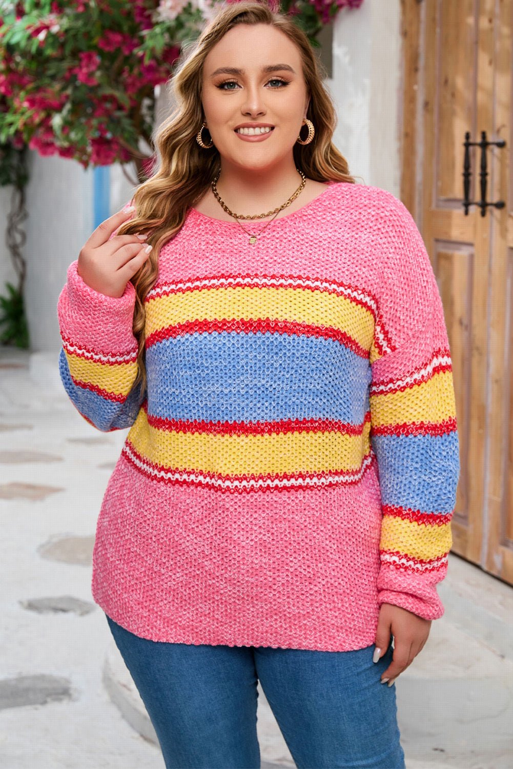 Plus Size Color Block Round Neck Long Sleeve Sweater - Selden & Kingsley