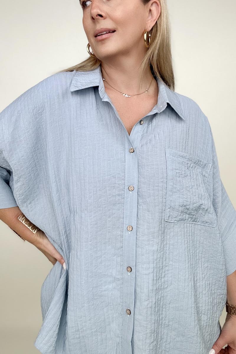 Umgee | Pleated Batwing Short Sleeve Button Up Top - Selden & Kingsley