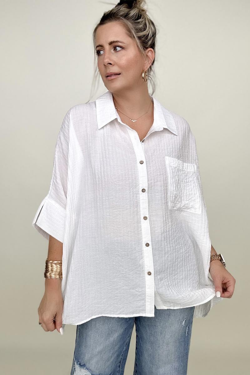 Umgee | Pleated Batwing Short Sleeve Button Up Top - Selden & Kingsley