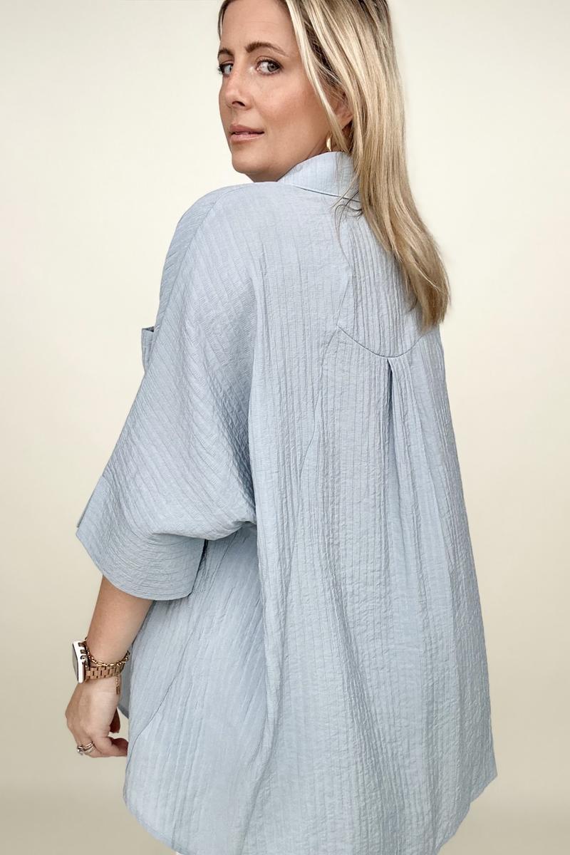 Umgee | Pleated Batwing Short Sleeve Button Up Top - Selden & Kingsley