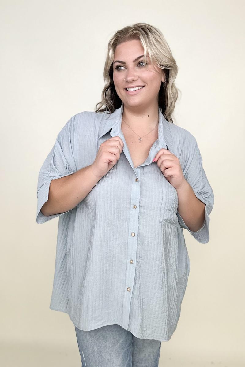 Umgee | Pleated Batwing Short Sleeve Button Up Top - Selden & Kingsley