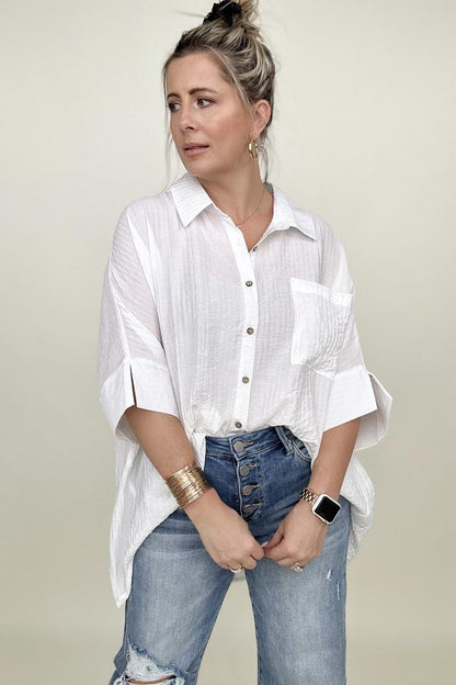 Umgee | Pleated Batwing Short Sleeve Button Up Top - Selden & Kingsley