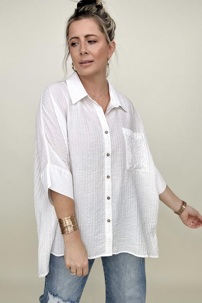Umgee | Pleated Batwing Short Sleeve Button Up Top - Selden & Kingsley
