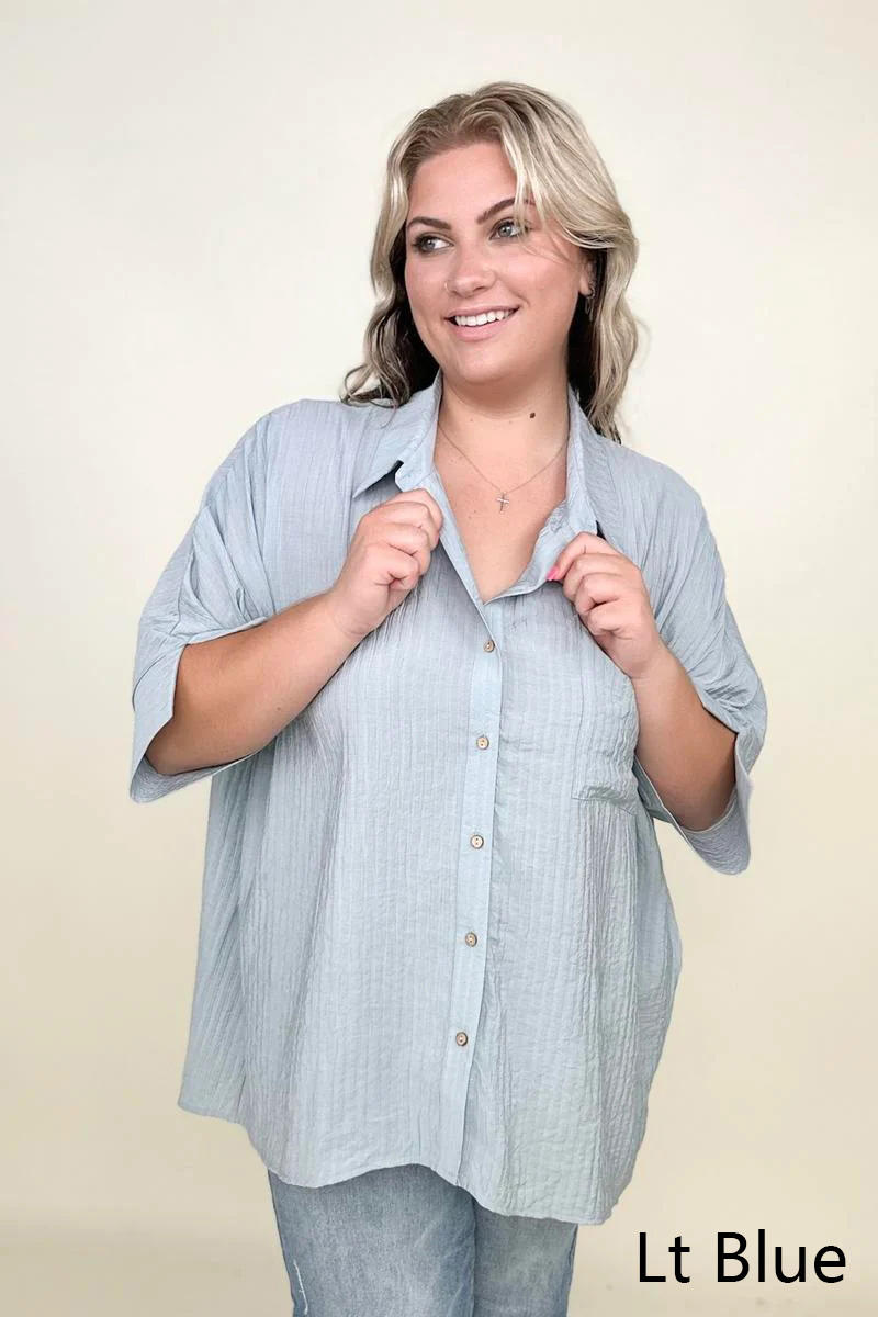 Umgee | Pleated Batwing Short Sleeve Button Up Top - Selden & Kingsley