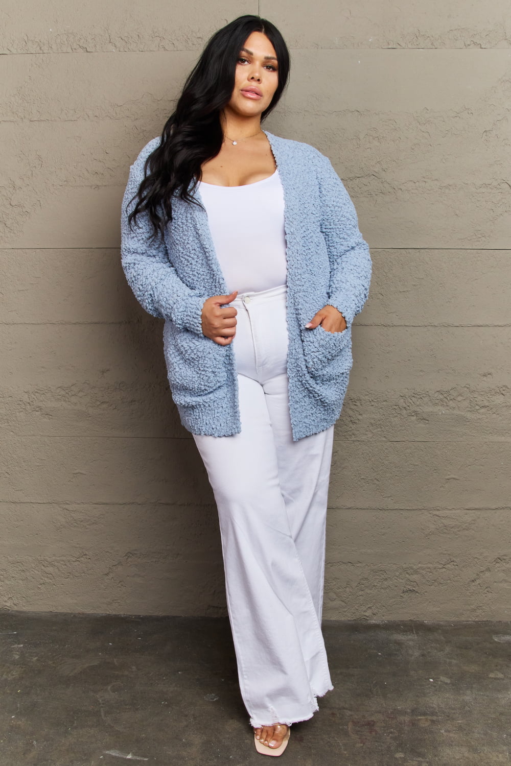 Zenana | Falling For You Full Size Open Front Popcorn Cardigan - Selden & Kingsley