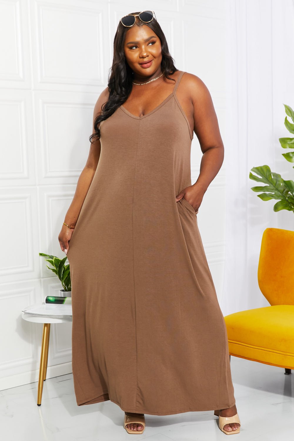 Zenana Full Size Beach Vibes Cami Maxi Dress in Mocha - Selden & Kingsley